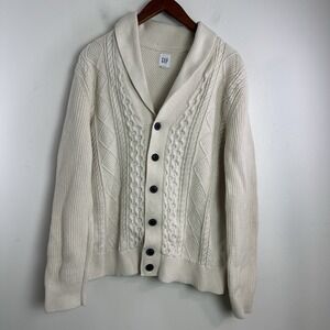 GAP Cardigan Sweater Mens Medium Shawl Collar Chunky Knit Grandpa Cotton Cream